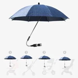 Parapluie poussette réglable bleu foncé, protection pluie pratique avec bras flexible et positions ajustables pour promenades.