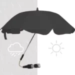 Parapluie poussette réglable noir, adaptable avec bras flexible et base solide, parfait contre la pluie et le soleil.