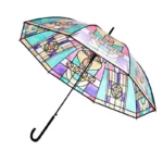 Parapluie transparent motifs vitrail colorés, structure noire, poignée canne élégante. Style unique pour la pluie.