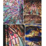 Parapluie transparent vitrail coloré avec motifs géométriques rouge, bleu, violet, poignées canne élégante, jeu de lumière sol.