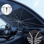 Pare-soleil parapluie côtelé pour voiture, protection contre chaleur et pluie, design moderne et fixation innovante.