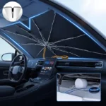 Intérieur de voiture avec parapluie pare-soleil côtelé, design innovant, protection pluie et soleil, tableau de bord moderne.