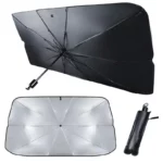 Pare-soleil parapluie rétractable, design noir avec surface intérieure argentée, idéal pour toutes saisons et protection durable.