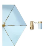 Petit parapluie chic bleu clair avec détails dorés, compact et élégant, idéal pour un look raffiné et une protection contre la pluie.