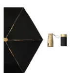 Petit parapluie noir chic avec détails dorés, accessoire élégant et pratique, idéal sous la pluie, présenté sur fond blanc.