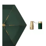 Petit parapluie vert chic avec détails dorés, compact et élégant, parfait pour une protection stylée sous la pluie.
