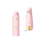 Parapluie rose cœur pliable avec motifs dorés, élégant et compact, idéal pour allier style et praticité sous la pluie.