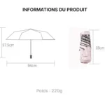 Petit parapluie fille compact 94cm large, 57,5cm haut, léger 220g, pliable en étui 18cm, idéal pour protéger en toutes saisons.