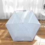 Petit parapluie fille bleu clair avec motif étoilé, ouvert sur sol en bois, éclairé par lumière naturelle à travers des rideaux