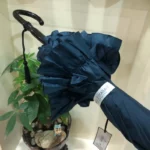 Parapluie femme semi-automatique bleu marine, design élégant et froncé, présenté avec une touche décorative et une plante verte.