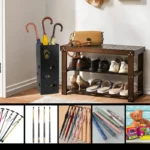 Porte-parapluie design dans un hall d'entrée moderne, avec parapluies colorés, banc en bois et accessoires organisés.