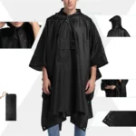 Poncho homme imperméable noir avec capuche, poche frontale, compact et léger, idéal pour se protéger de la pluie en toute élégance.