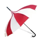 Grand parapluie rétro bicolore rouge et blanc avec poignée noire, élégant et pratique pour rester au sec par temps de pluie.