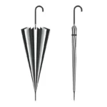 Grand parapluie rétro noir et blanc ouvert avec motifs à gauche, fermé à rayures à droite, style élégant et protection contre la pluie.