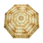 Parapluie automatique 96 cm beige et jaune, design musical avec notes et portées, allié pratique et élégant contre la pluie.