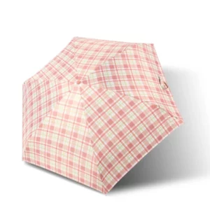 Parapluie de poche anti-UV motif écossais rose et jaune, élégant et pratique, idéal pour protection contre pluie et soleil