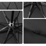 Parapluie automatique amusant avec structure métallique robuste, mécanisme d'ouverture rapide et design élégant, noir sur fond texturé.