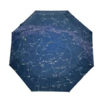 Parapluie automatique ciel étoilé avec constellations sur fond bleu nuit, élégant et pratique pour vos journées pluvieuses.