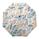 Parapluie automatique coupe-vent à motif de feuilles bleu, beige et blanc, élégant et pratique pour affronter la pluie avec style.