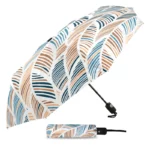 Parapluie automatique coupe-vent avec motif de feuilles bleu et brun, design élégant, pratique et assorti à son étui.