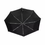 Parapluie automatique de poche noir, compact et élégant, avec armature argentée, parfait contre la pluie et facile à transporter.
