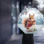 Parapluie automatique illustré avec un écureuil mignon en écharpe rouge sous une neige légère, idéal pour un look hivernal charmant.