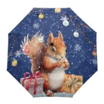 Parapluie automatique écureuil, décor hivernal avec écureuil mignon, neige, décorations de Noël et cadeaux festifs.