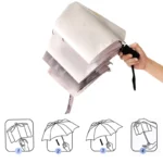 Parapluie automatique écureuil pliable en déploiement, étapes numérotées illustrées, main tenant le parapluie en action.