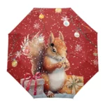Parapluie automatique écureuil, motif festif avec neige et branches, ambiance rouge et cadeaux, idéal pour la collection [Collection].