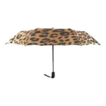 Parapluie automatique motif léopard tendance, fond beige tacheté noir, tige noire élégante, parfait pour style et pluie.