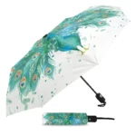 Parapluie automatique paon avec motif coloré, ouvert montrant des plumes vibrantes, parfait pour ajouter une touche élégante.
