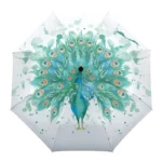Parapluie automatique avec motif paon aux plumes colorées vertes et bleues, design élégant et artistique, idéal pour toutes saisons.