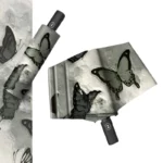 Parapluie pliant automatique avec motif de papillons sur fond gris, design moderne idéal pour allier style et praticité.