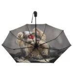 Parapluie automatique portable avec motif Yorkshire Terrier, ouvert, design original et amusant, idéal pour toutes saisons.