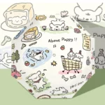 Parapluie automatique robuste avec motifs de chiots jouant et d’éléments colorés, idéal pour un style joyeux et unique.