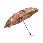 Parapluie automatique tête de mort avec motifs roses et crânes sur fond beige, parfait pour un style original et une protection efficace.
