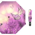 Parapluie automatique thème papillon, design fleuri sur fond rose, accessoire élégant et pratique pour les jours de pluie.