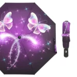 Parapluie automatique violet avec papillons colorés et étoiles brillantes, élégant et pratique, livré avec son étui assorti.