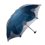 Parapluie de luxe chic en satin bleu, motifs floraux et perles élégantes, idéal pour allier protection et raffinement.