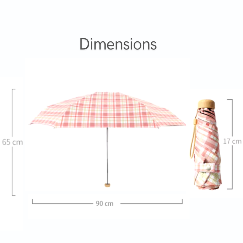Parapluie anti-UV de poche à motif carreaux roses, compact et pliable, 65 cm ouvert, 17 cm plié, idéal pour la protection solaire.