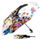 Parapluie femme coloré avec motifs floraux et oiseau, élégant et pratique, parfait pour les journées de pluie avec style.
