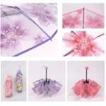 Parapluies transparents floraux pour femme, designs élégants et colorés, pliés et dépliés, parfaits pour allier style et protection.