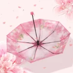 Parapluie femme floral rose transparent, motifs fleurs, design élégant et pastel, protection chic pour jours de pluie.