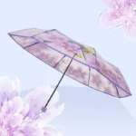 Parapluie femme floral élégant, transparent avec motifs violets, accessoire chic et pratique pour affronter la pluie avec style.