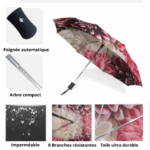 Parapluie femme coloré floral, compact et automatique, 8 branches résistantes, toile imperméable durable, idéal pour tous temps.