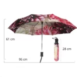 Parapluie femme coloré, compact et élégant, 96 cm ouvert, 61 cm de haut, étui 28 cm, idéal pour affronter la pluie avec style.