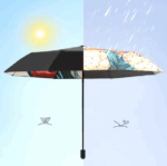 Parapluie femme tulipe double usage, élégant, design vibrant, protection contre la pluie et le soleil, motif gouttes et soleil.