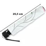 Parapluie pliable flamant rose avec feuilles, design élégant sur fond blanc, compact 25,5 cm fermé, idéal contre la pluie.