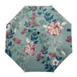 Parapluie fleuri élégant avec motif de roses et feuilles sur fond bleu-vert, parfait pour accessoiriser les jours de pluie.