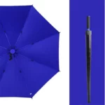 Parapluie golf résistant bleu vif, tige noire, protection pluie optimale, idéal pour amateurs de golf et usage quotidien.